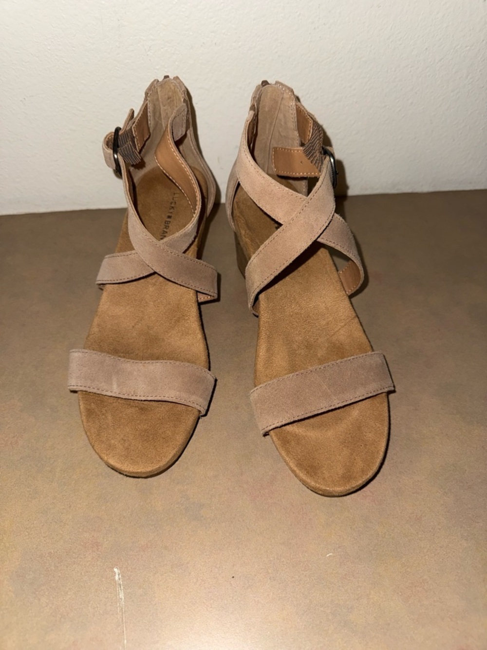 Lucky Brand Taupe Suede Crisscross Wedge Sandals